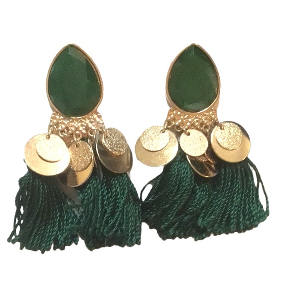 H&M Tassel Earrings Green/Gold Christmas Holiday - Picture 1 of 3